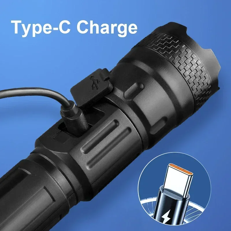 1500000LUM LED Flashlight High Power Type-C Rechargeable Torch Zoomable Light for Outdoor Camping Hiking Lamp Emergency /.'p[