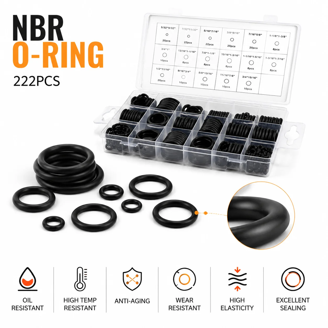 NBR Nitrile Rubber O-ring Kit Excavator Oil Circuit Leak Proof Combination Box 222 Pieces CS 1.5-3.17mm OD 3-31.7mm