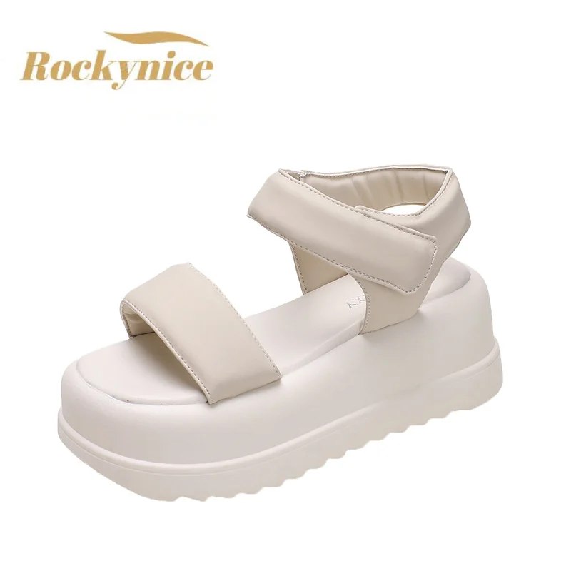 Summer Women Sandals 7.5CM High Platform Leather Flip Flops New 2022 Beach Comfort Casual Thick Bottom Flat Slides Sandals Woman