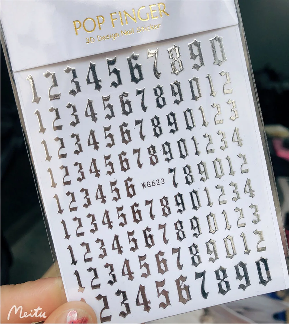Old English Numbers Nail Art Sticker Self-Adhesive Wrap 3D Polish Supplies Retro Letter Alphabet White/Gold/Silver Nail Decals