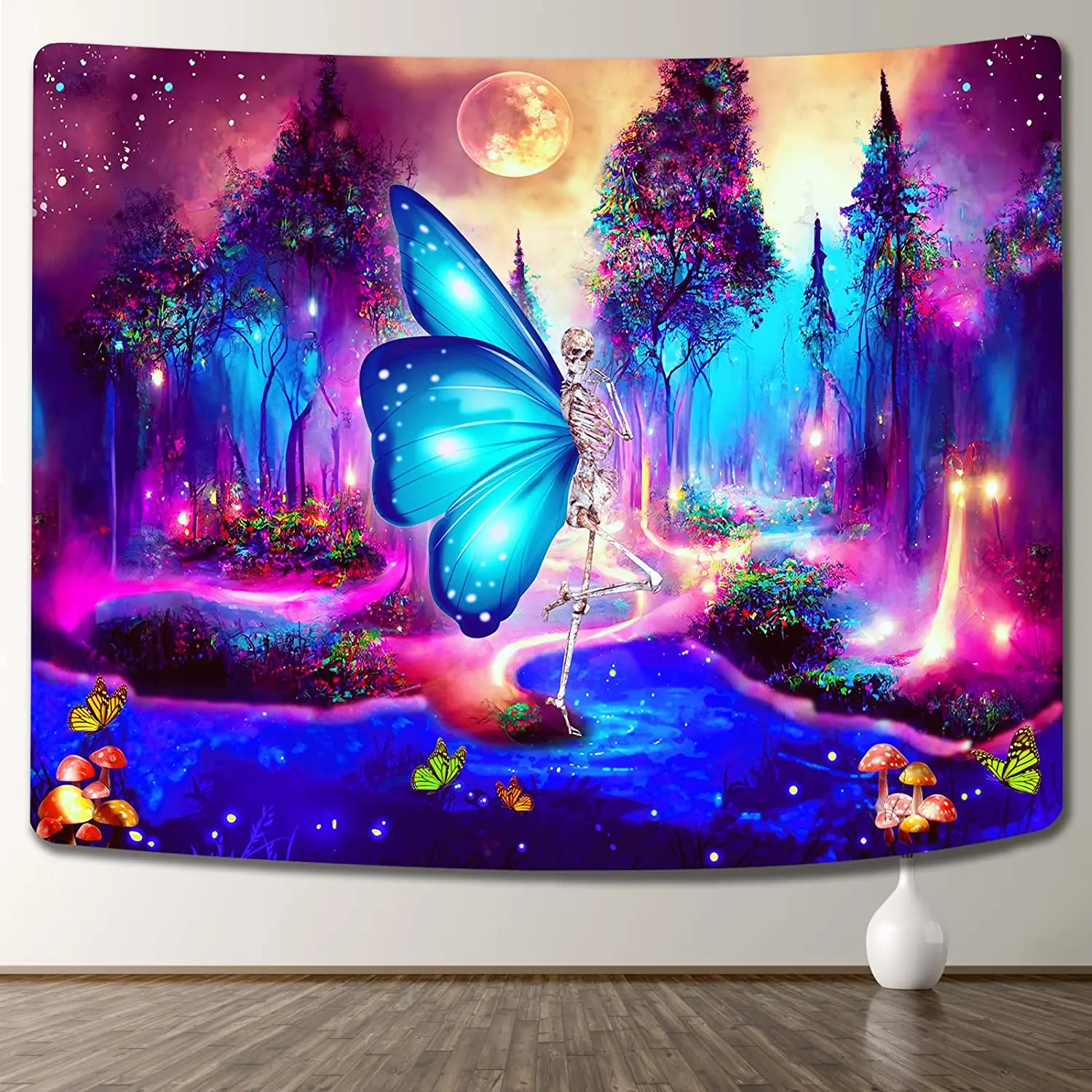 

Blacklight Skull Tapestry Fantasy Forest Black Light Tapestries Trippy Skeleton UV Tapestry Wall Hanging for Bedroom Livingroom