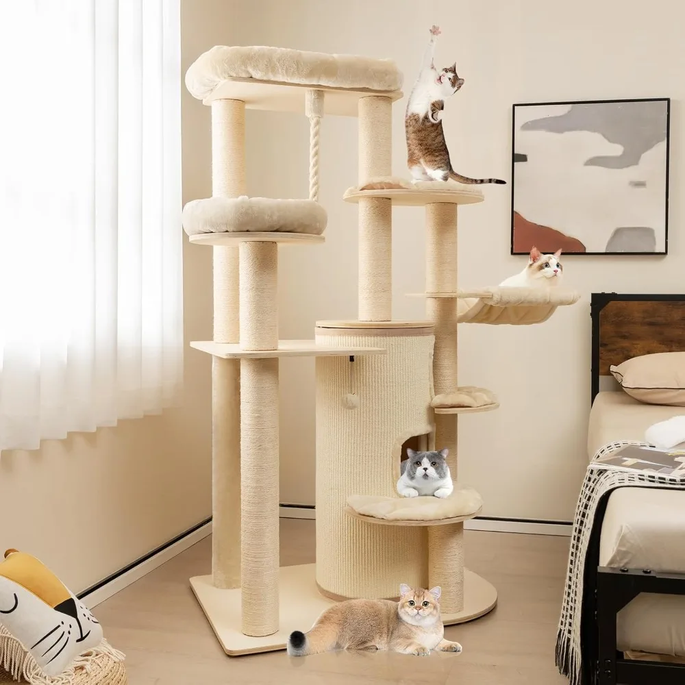 3-Story Cat Condo, Hammock, Sisal Scratching Posts, Spring Ball, Hanging Play Rope for Indoor Cats 20 lbs Heavy Duty