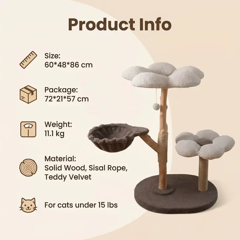 Classic Interactive Cat Tree Natural Solid Wood Flower Shape Fruit Trunk Design Indoor Use Kittens Carton Packed Shengze MR49