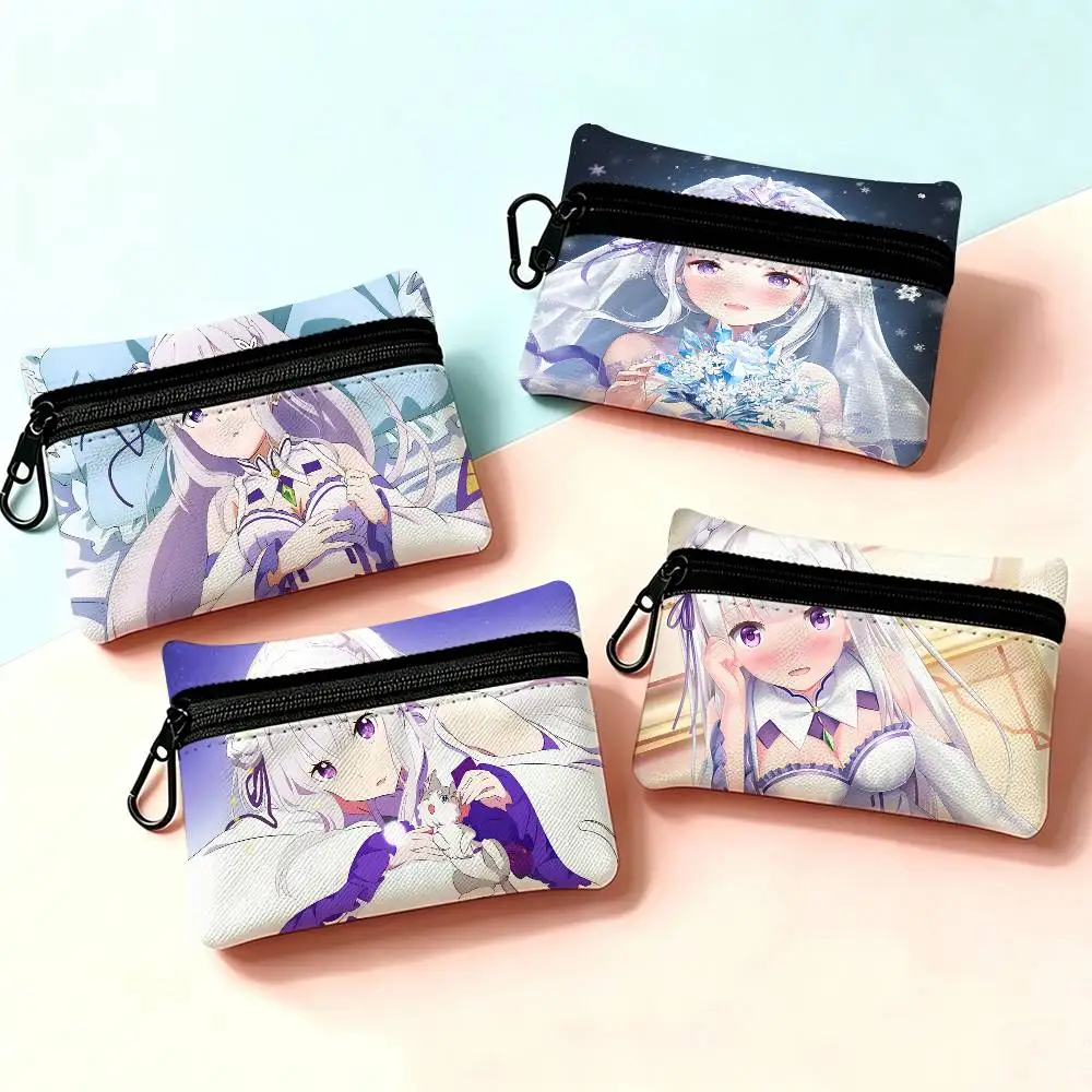 Emilia ReZero Anime Girl Mini Oxford Cloth Coin Purse With Carabiner Hook Portable Key Card Wallet Small Zipper Storage Pouch