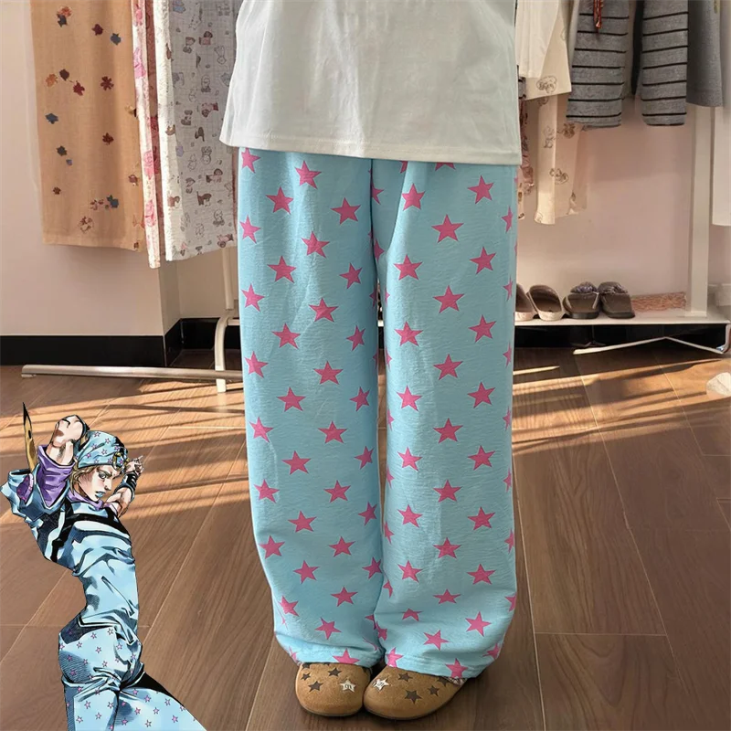 

STEEL BALL RUN JOJO SBR Jonathan Joestar Cosplay Costume Pants Adult Unisex Retro Star Print Loose Long Pajama Casual Play Role