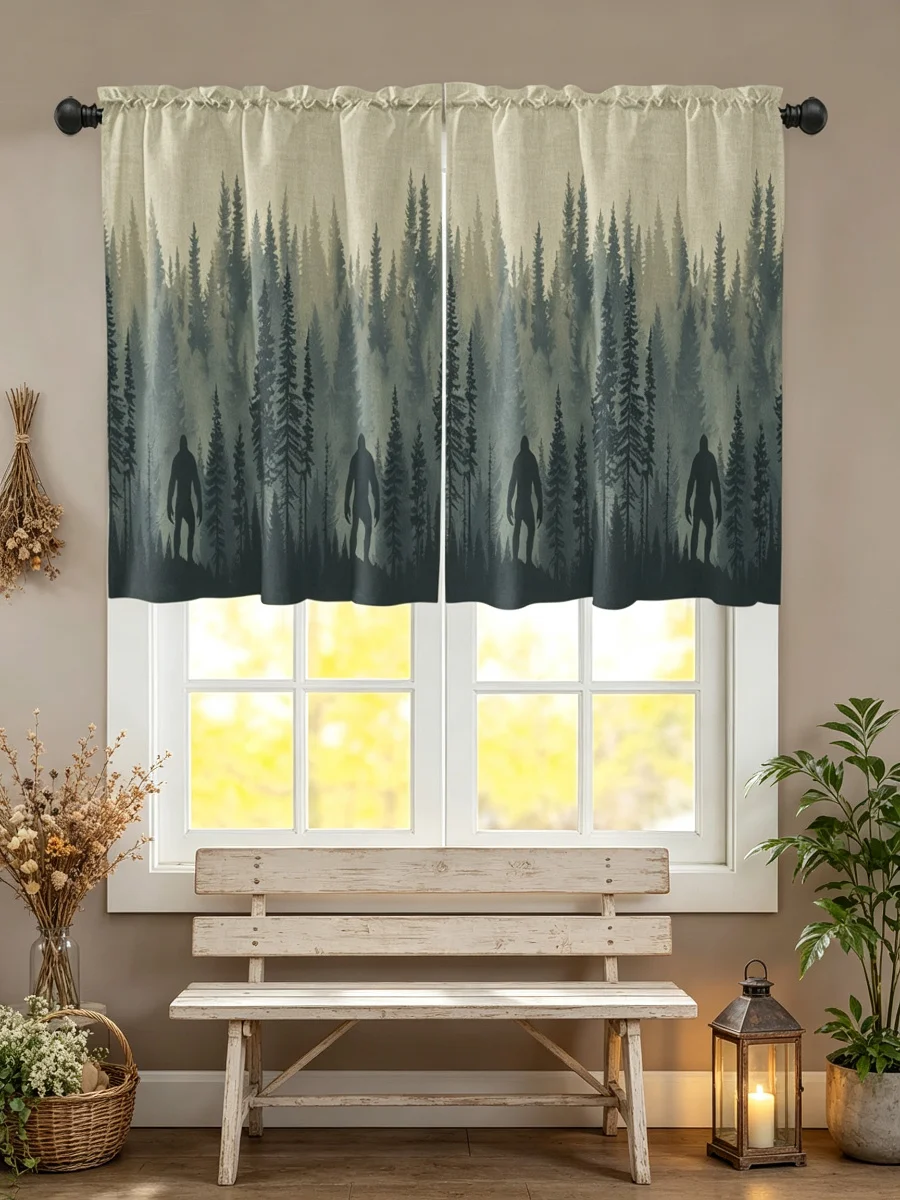 2PCS Bigfoot Forest Silhouette Curtains Natural Style