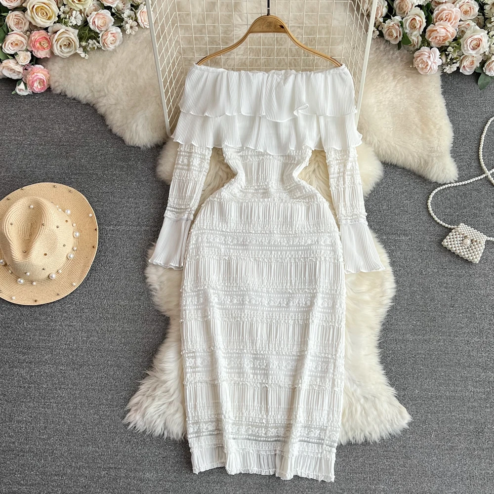 

2024 Spring and Autumn High End Temperament One Shoulder Lotus Leaf Edge Waist Fold Back Waist Bag Hip Dress