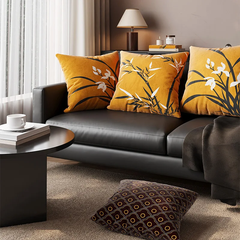 

Golden Yellow Bamboo Orchid Printed Pillow Case Modern Oriental Velvet Cushion Cover Luxuriously Soft Pillowcase for Sofa