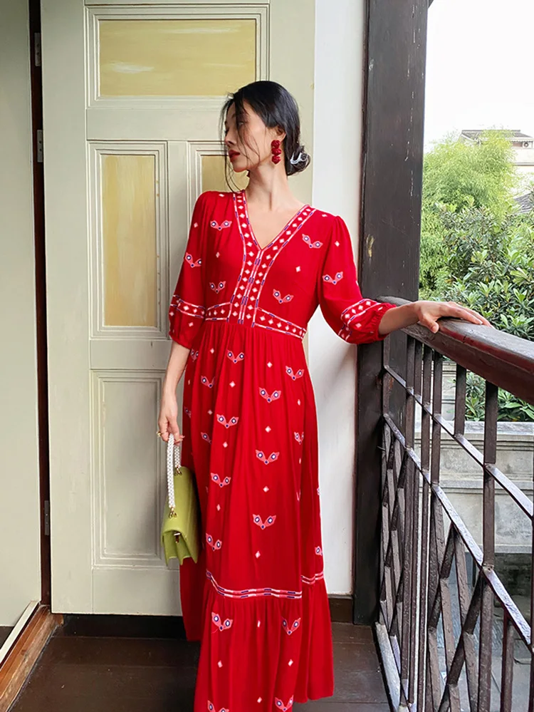 Khalee Yose Elegant Boho Embroidery Maxi Dress Summer Cotton V-neck Red Holiday Casual Ethnic Women Dresses Ladies Vestidos New