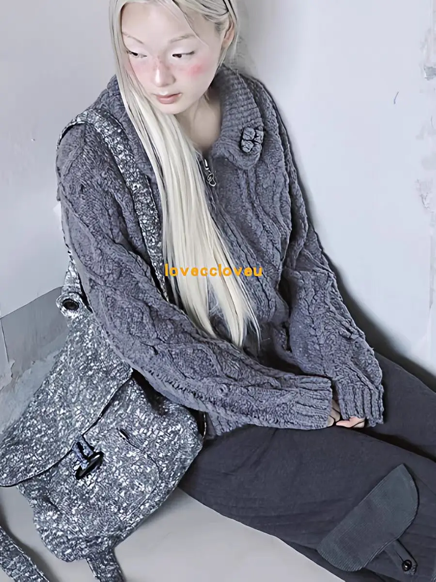 Korean Retro Fashion Color Knit Horn Button Backpack Large Capacity Woman Bag