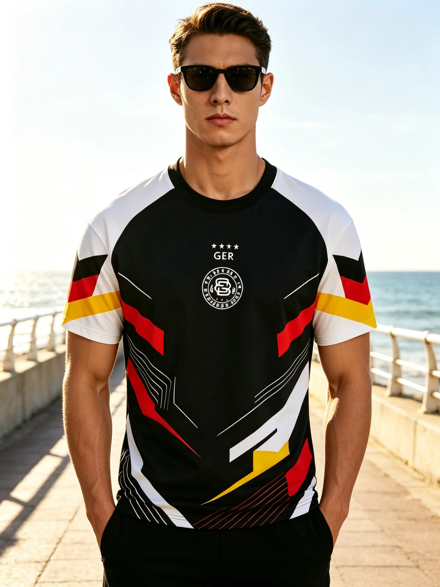 New men's short-sleeve T-shirt, loose-fitting and tailored with printed designs, versatile basic crew-neck top suitable for spri