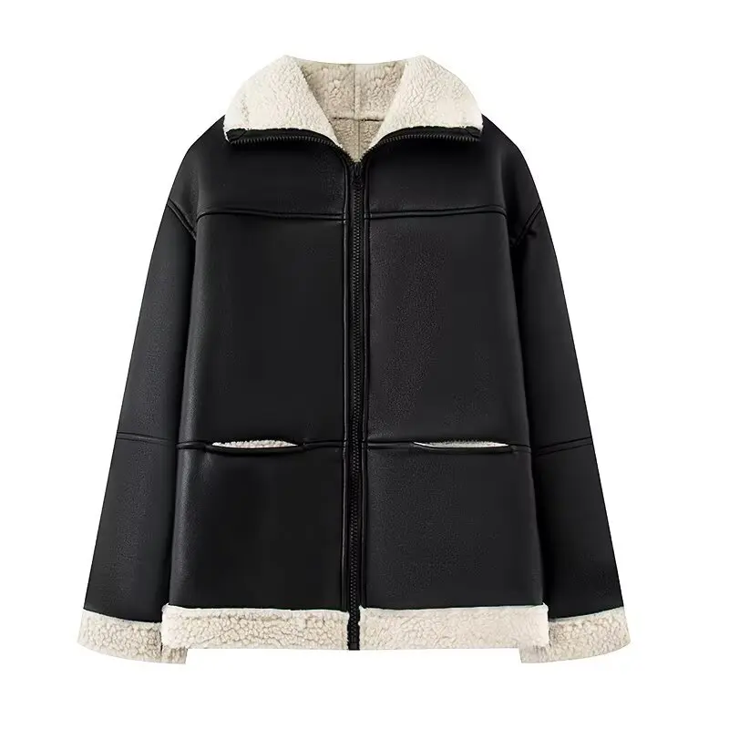 

Patchwork Faux Leather Women's Furry Jacket Black Zipper Faux Fur Coat Lamb Fur Lapel Fluffy Jacket Zip-up Plush Overcoat Winter