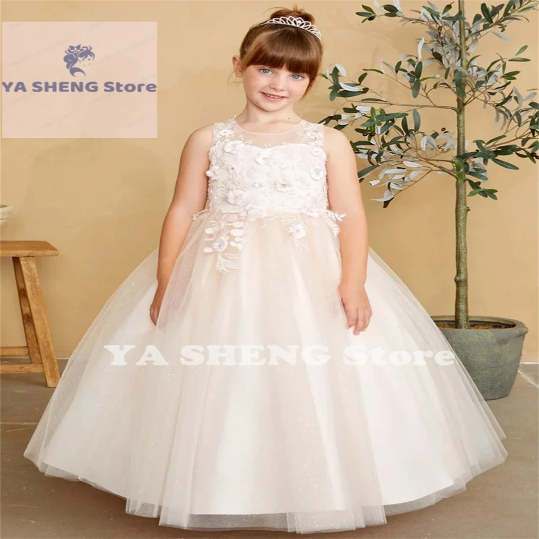 

Champagne Flower Girl Dresses Tulle Puffy Flowers Appliques With Bow Sleeveless For Wedding Birthday First Communion Gowns