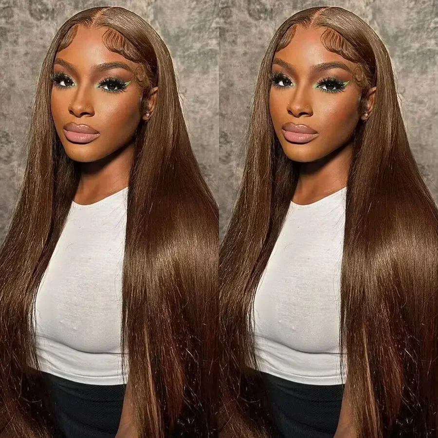 16-36 Zoll 4 schokoladenbraune glatte Haarperücke 100 % Echthaarperücke 13x4 13x6 HD Lace Frontal Perücken für Frauen 180 % 200 % Dichte