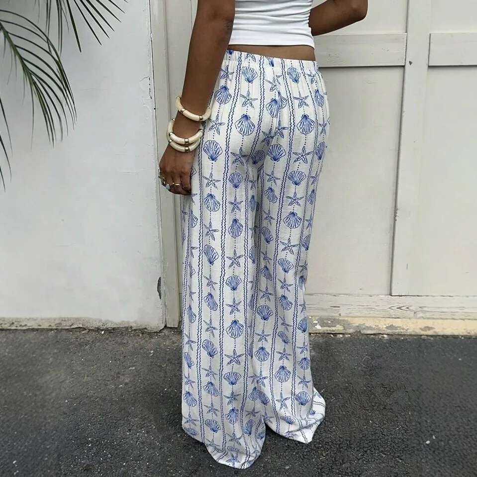 Women's Summer Pants Ethnic Print Drawstring Waist Trousers Full Length Casual Pants Wide Leg Starfish Print Printed Pants