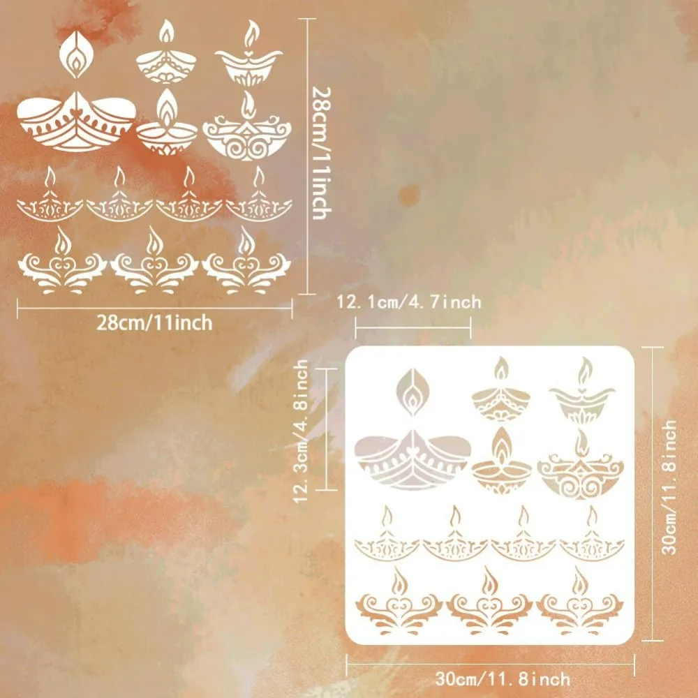 Diya Stencil - 11.8x11.8 inch Large Diwali Festival Painting Stencil Reusable India Light Fire Drawing Template for Home Wall
