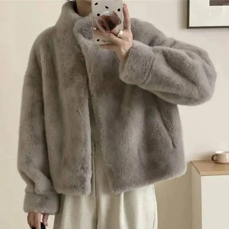 

Mink Fur Eco-friendly Windproof Stand Collar Faux Mink Coat For Women Warm Winter Thick Jackets With Pockets 2N6S8