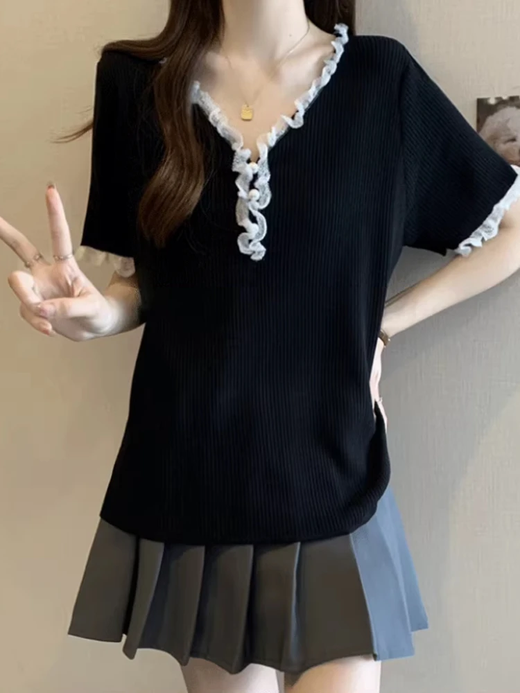 

Женская футболка больших размеров 300 Pou Little Fraance с кружевным подолом ort Sve, свободная утягивающая основа, летний топ