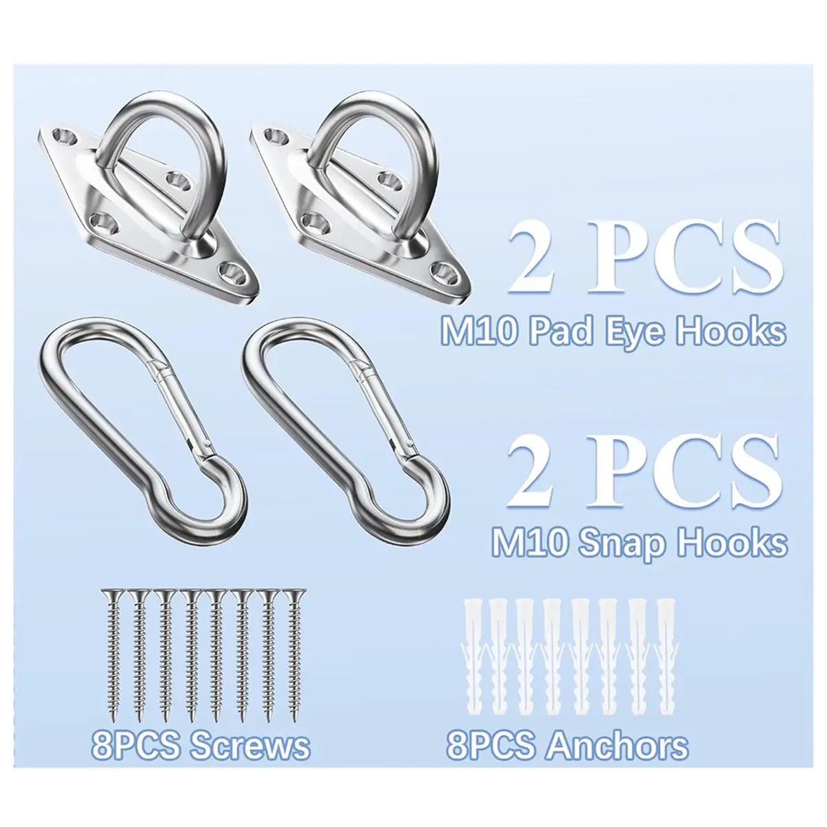 2PCS M10 Stainless Steel Pads Eye Hooks M10 Snap Hooks, 1300lbs Capacity for Swing Set, Plant Hanger, Outdoor Lights
