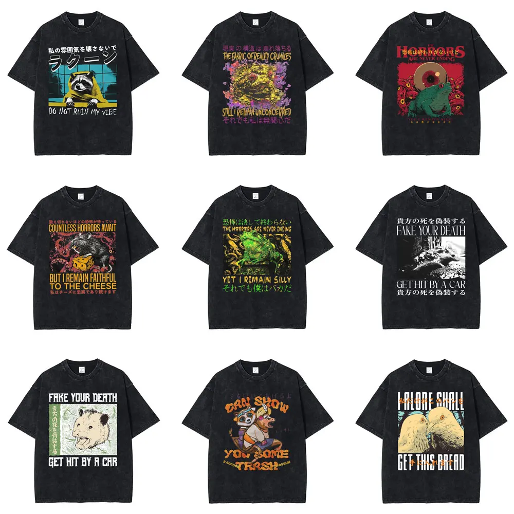 

Funny Japanese Style Capybara Snail Pigeon Raccoon Opossum Rat Crab Frog Retro Washed T-shirt Men Women Casual Oversized T Shirt