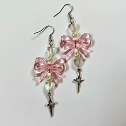 Kawaii Aesthetic Jewelry Pink Bow Earrings Korean Cute Fashion Heart Star Drop Earrings for Women Harajuku Accessories TRENDY