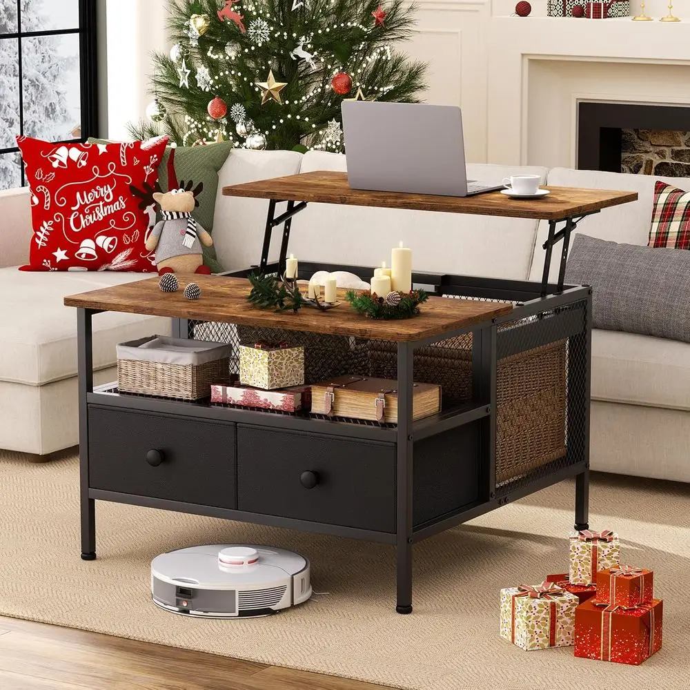 

Illuminated Coffee Table with Metal and Wood, Cocktail Table featuring Barn Door Style and Storage, Sleek Steel Design, Compact