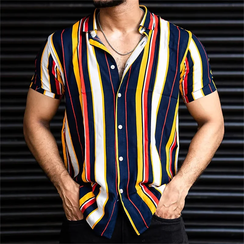 Chemise Hawaïenne Homme Imprimée 3D Rayée Manches Courtes Décontractée Ample pour l'Été et les Vacances à la Plage
