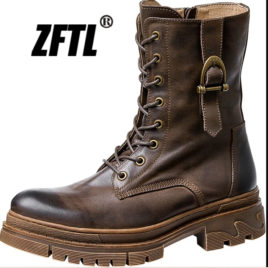 

ZFTL Men's mid-calf boots British retro style Thick-soled Workwear Boots Handmade Casual Lace-up boots anti-slip cowhide leather