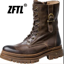 ZFTL Men's mid-calf boots British retro style Thick-soled Workwear Boots Handmade Casual Lace-up boots anti-slip cowhide leather