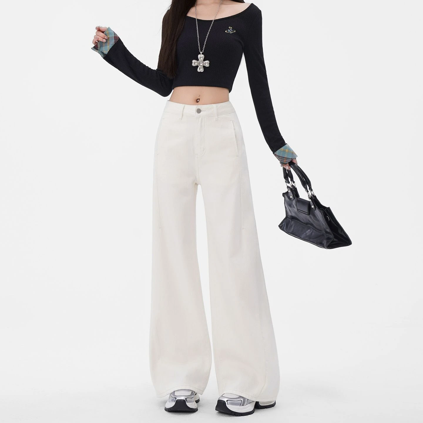 FINEWORDS Hohe Taille Vintage Weiß Ausgestellte Jeans Frauen Koreanische Streetwear Bell-Bottom-Jeans Easymatch Volle Länge Casual Jeans