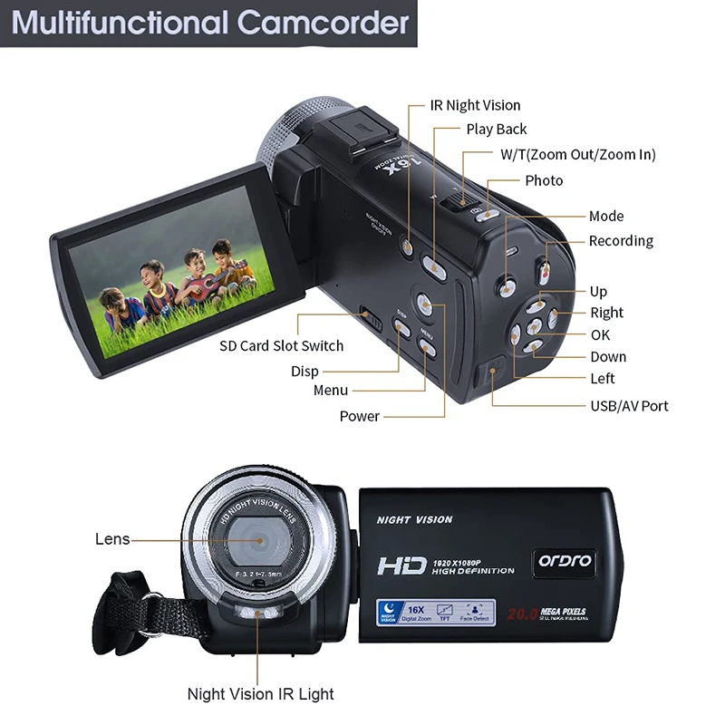 Ordro V12 Vlog Video Camera Digital Home Camcorder Filmadora, Vintage 1080P HD Night Vision, for YouTube Blogger Photograpic