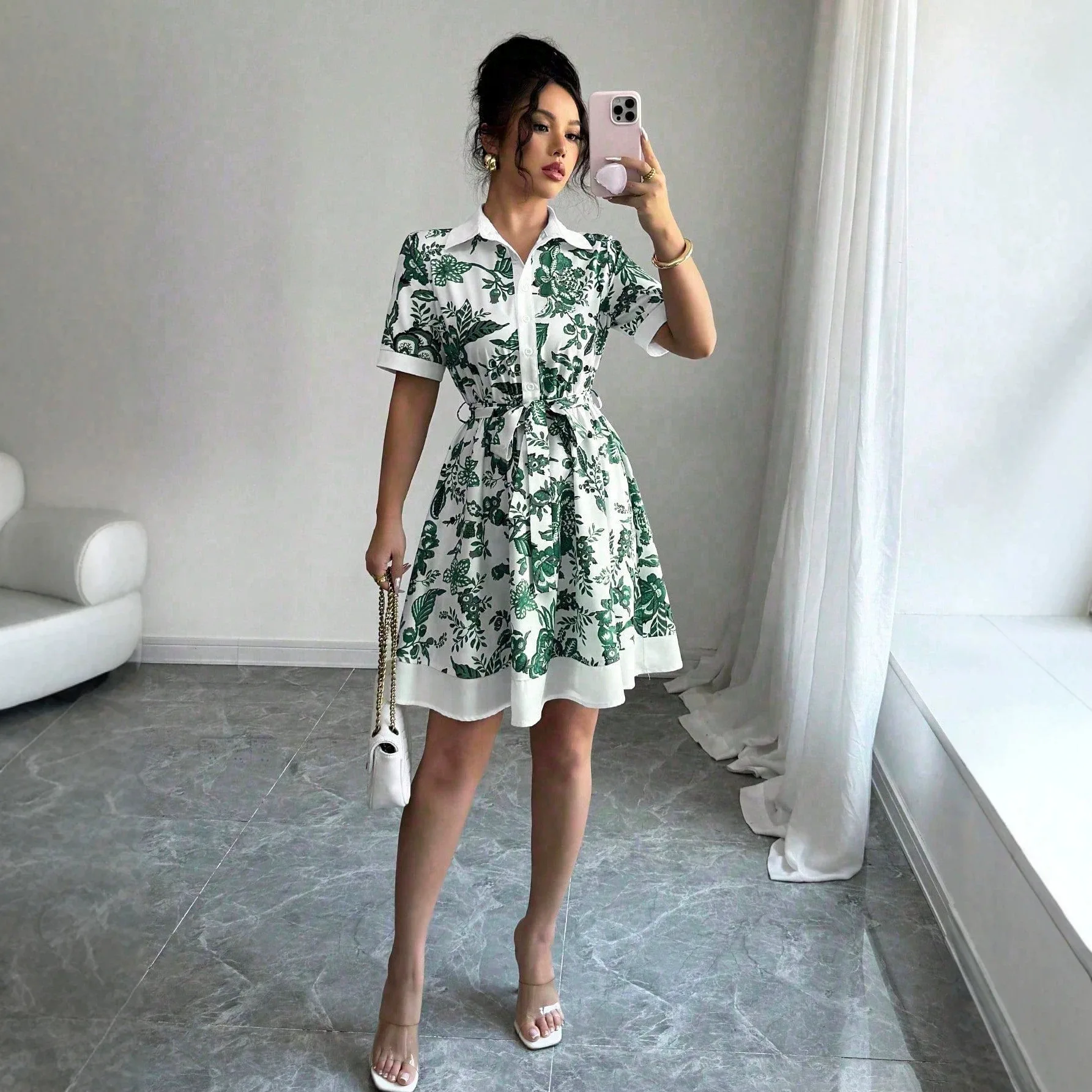 Women's Printed Waist-cinching Dress, Short-sleeved, Simple And Stylish For Summer Evening Dresses Clothes Lace Midi Luxury