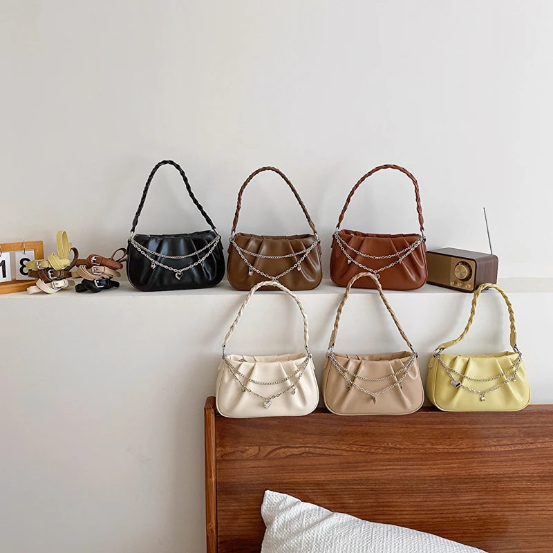 2024 Women'S Fashion Fold Cloud Chain Woven Square Pu Zipper Handbags Underarm Purses For Women Wallet Aesthetic Crossbody Bags