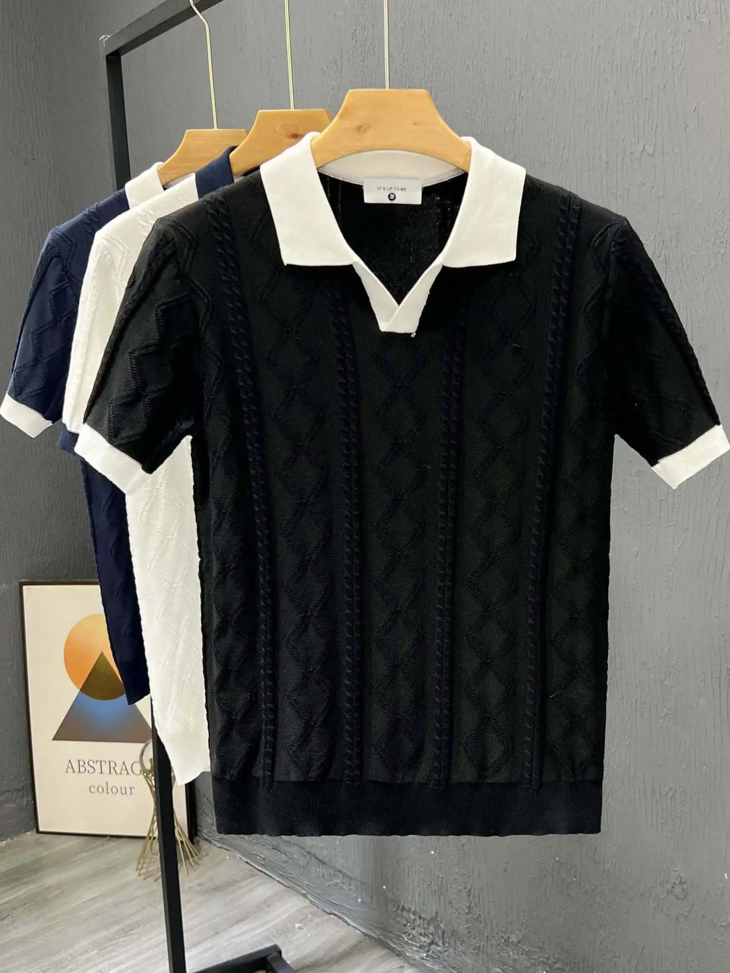 

Men's Slim Fit ort Sve Ne Knitwear Summer Casual Thin Sle Youth Leisure Turn-down Collar T-irt Base Layer