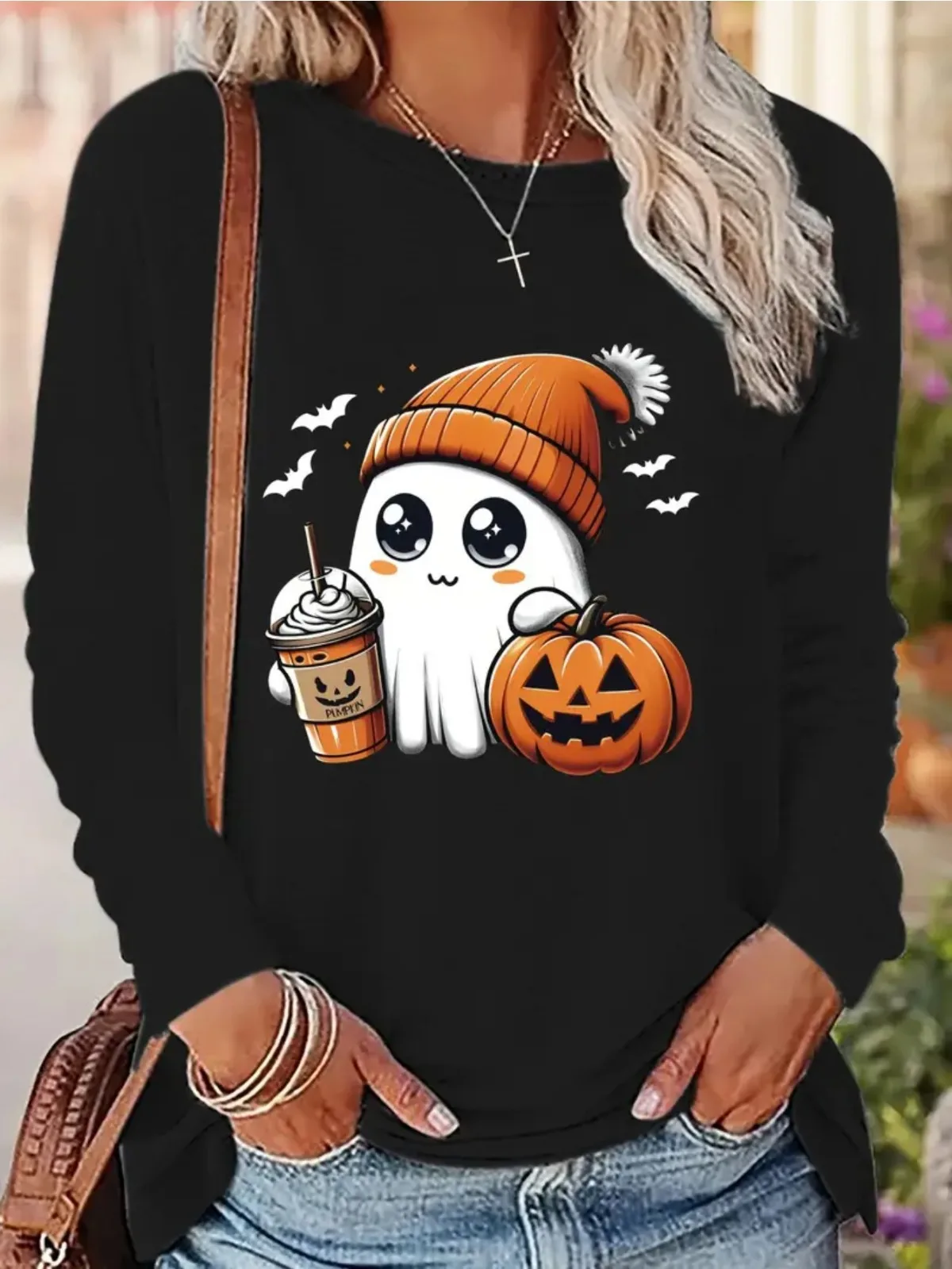 女性用 カジュアル 厚手 暖かい ソフト プルオーバー ハロウィン カボチャとゴーストデザイン プリント パーカー ラウンドネック 長袖 トップス パーカー