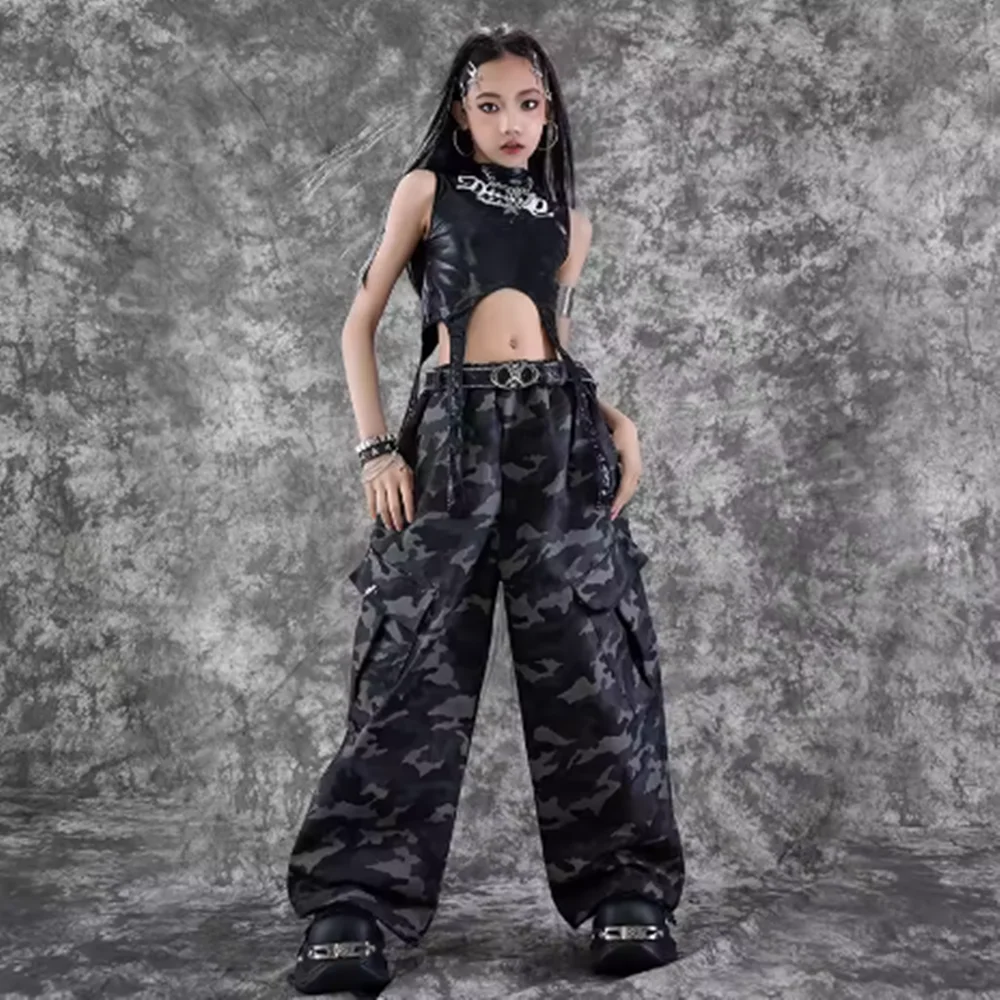 Abbigliamento per spettacoli di danza jazz per bambini Vestito da ballo Kpop Top corto nero Pantaloni cargo mimetici Moda Hip Hop Streetwear yj126
