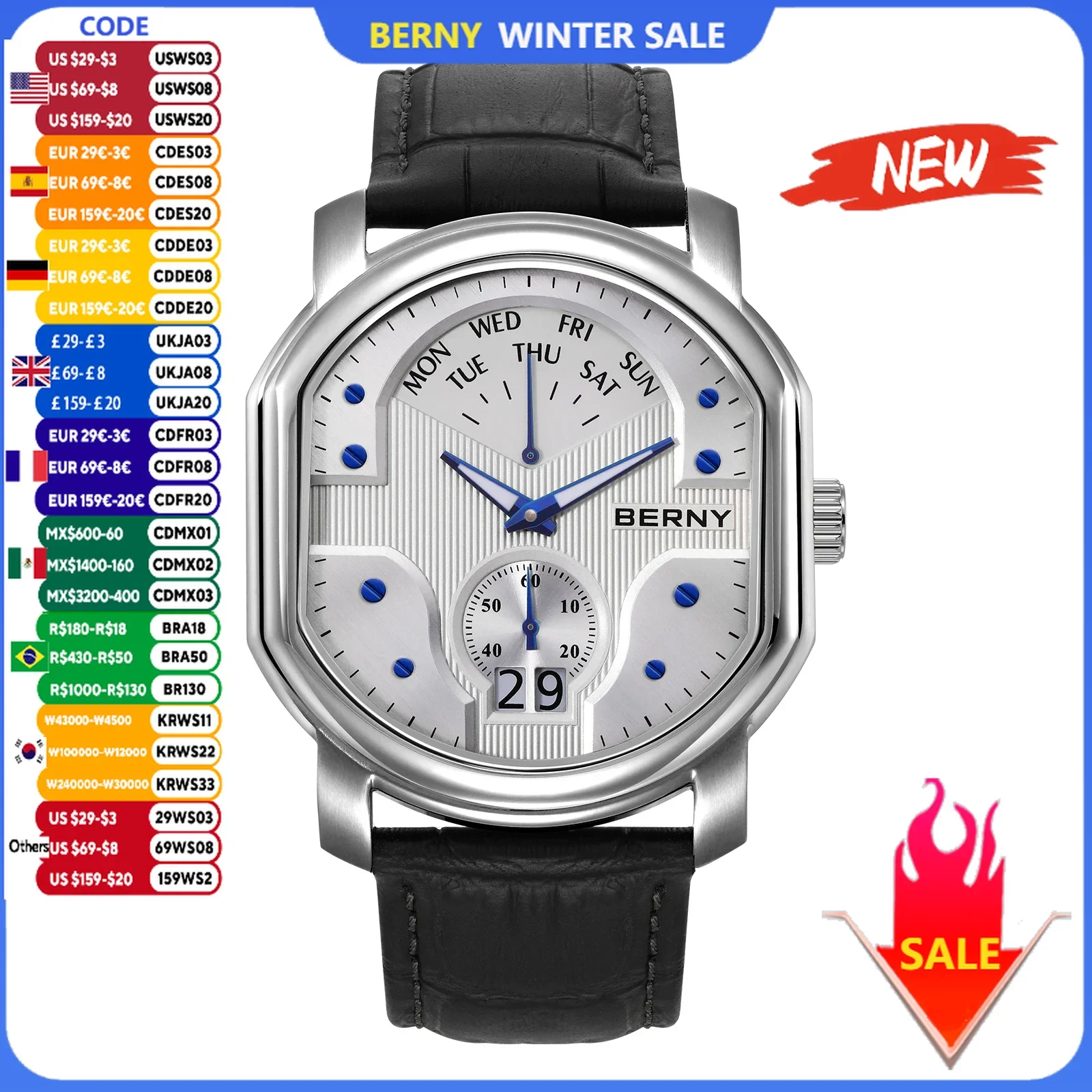 BERNY Luxury Swiss Men Wristwatch Quartz Ronda 7004N Day Date Wristwatch Stainless Steel Sapphire Pendulum Dial Watch for Men