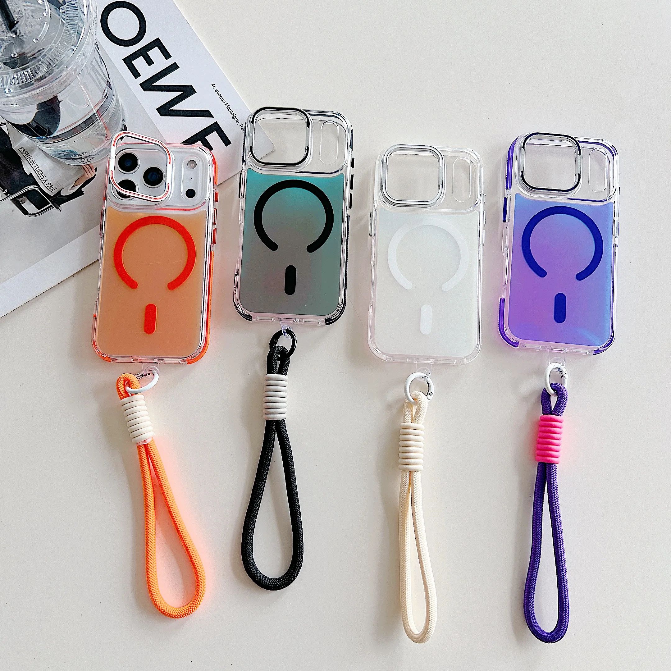 

Чехол с рамкой для камеры с беспроводной зарядкой и градиентом, красочная скрытая подставка для iPhone 17 Pro Max, браслет-цепочка на запястье, магнитный чехол