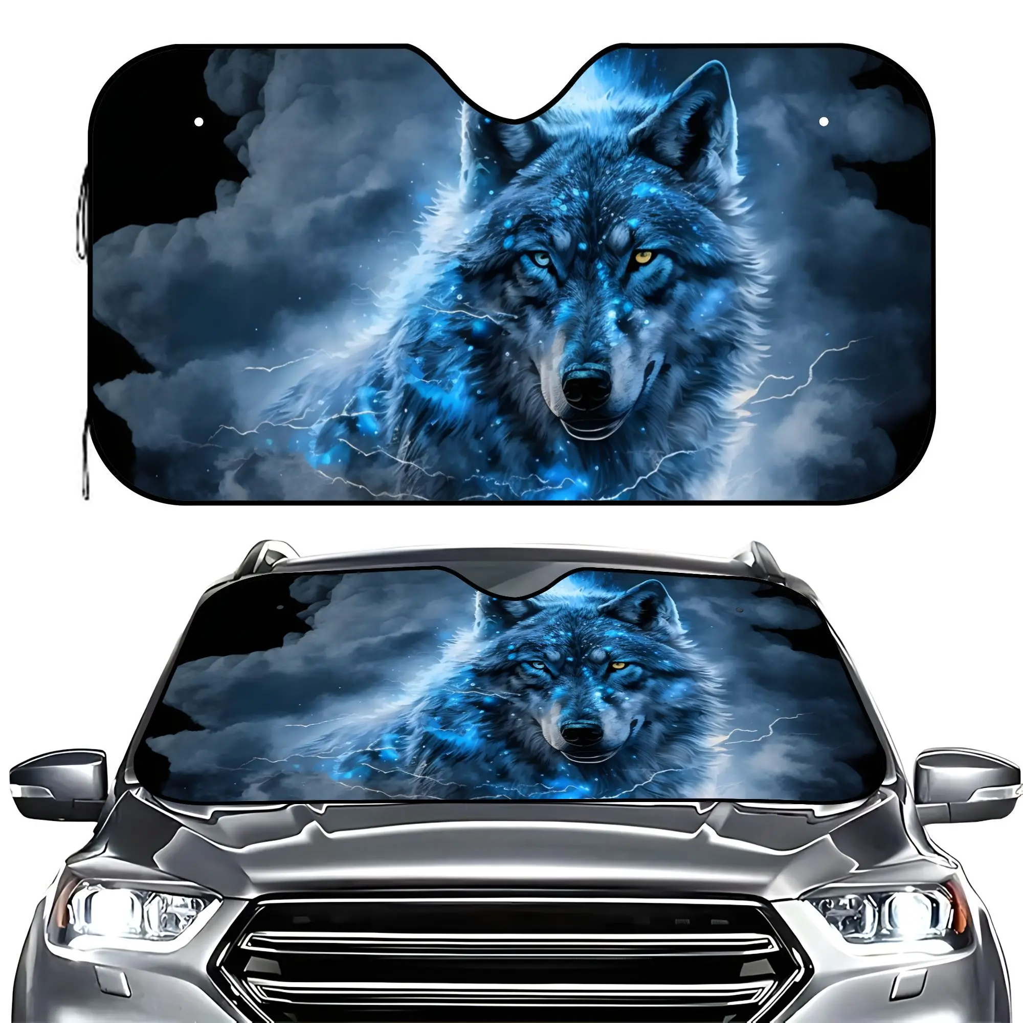 Cartoon-Style Sunshade for Featuring a Cool Wolf Design, Providing UV Glare Protection for Your Windshield. It Fits Universally