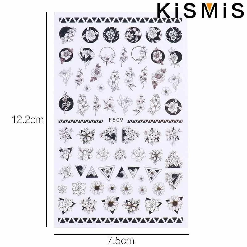 ثلاثية الأبعاد الأسود هندسية زهرة مسمار الفن ملصقات ذاتية اللصق المرأة مانيكير الديكور