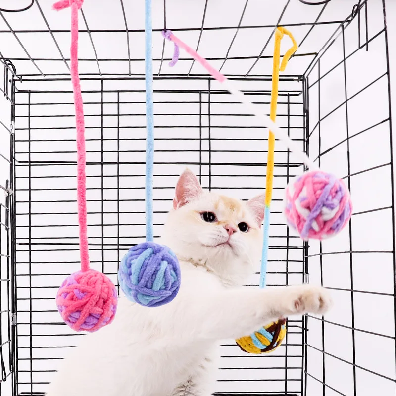 

1pc Colorful Wool Ball with Bell Cat Toy Sound Plush Interactive Ball Toy for Cat Dog Kitten Puppy Long Rope Pet Accessories