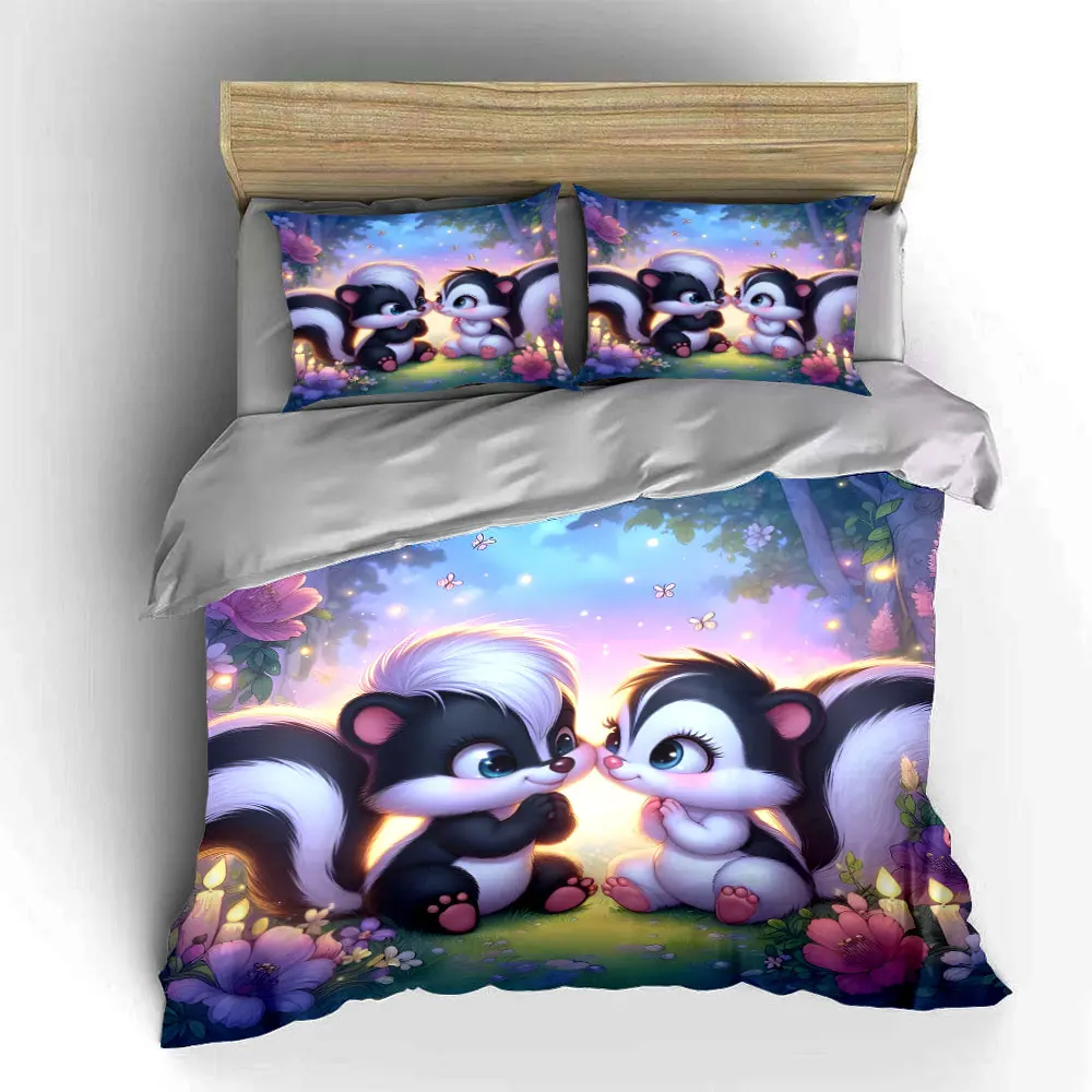 Two adorable skunks in romantic forest Printed Duvet Cover Set1 Duvet Cover+2 PillowcaseMulti Size Bedroom Bedding Decor view 5
