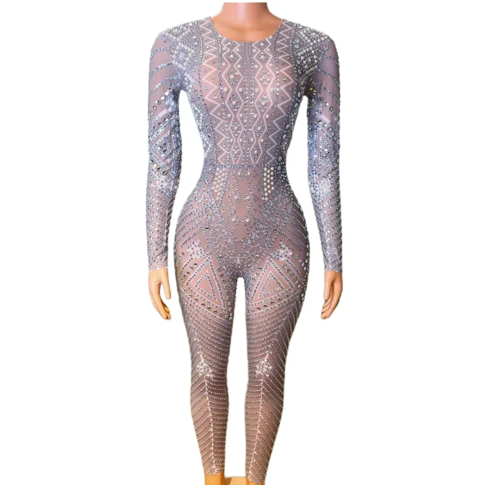 Nude Shining Rhinestones ไข่มุกเซ็กซี่แขนยาว Jumpsuits สําหรับผู้หญิงไนท์คลับเสื้อผ้านักร้องเครื่องแต่งกาย DJ Wear