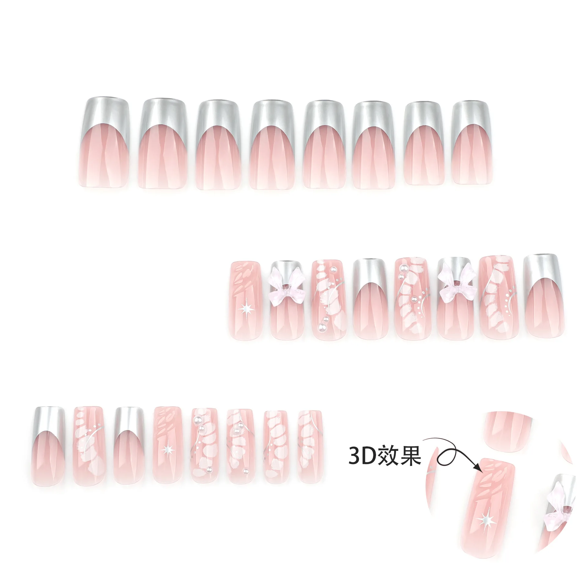 Wearable 3D Crystal Bow Fake Nails Press On Acrylic Nails y2k Silver French False Nails Full Cover Punk Style Long Ballet Nails