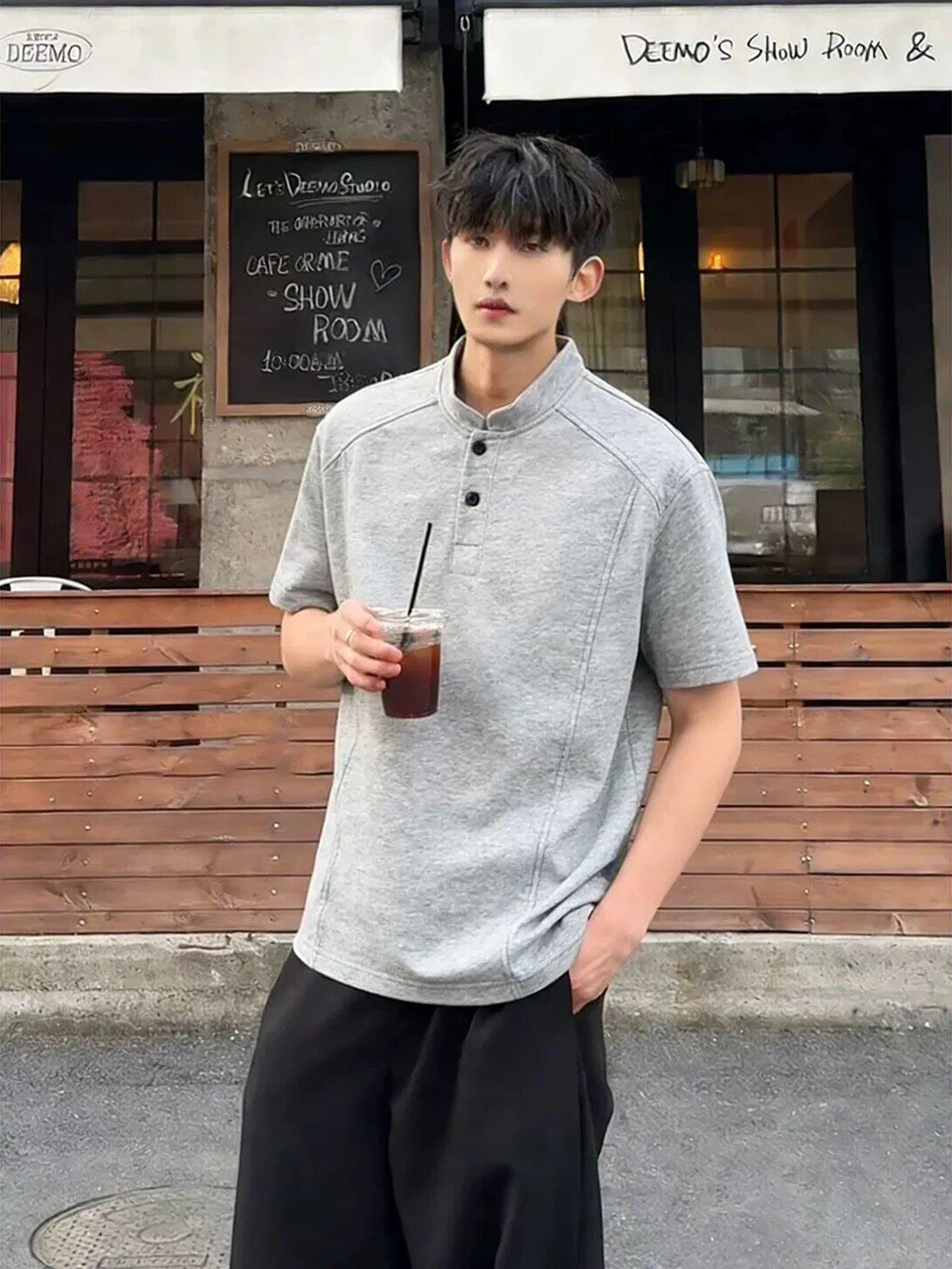 Gray American  Shirt Short Sleeve Men Summer High-End Heavyweight Henry Collar Correct Shoulder T-Shirt Splice Half Sleeve