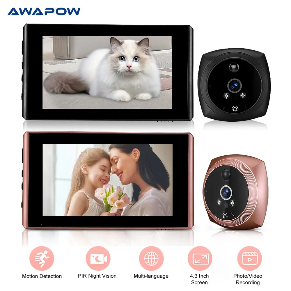 Awapow 4.3Inch Peephole Video Doorbell Camera Smart Home Motion Detection Monitor Digital Door Bell PIR Night Vision Door Viewer