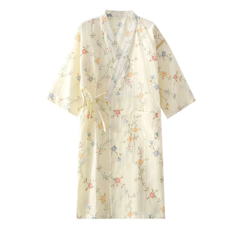 Print Flower Women Sleepwear Bathrobe Cotton Elegant Home Wear V Neck Long Sleeve Home Clothes Daily Shower Spa Nightwear