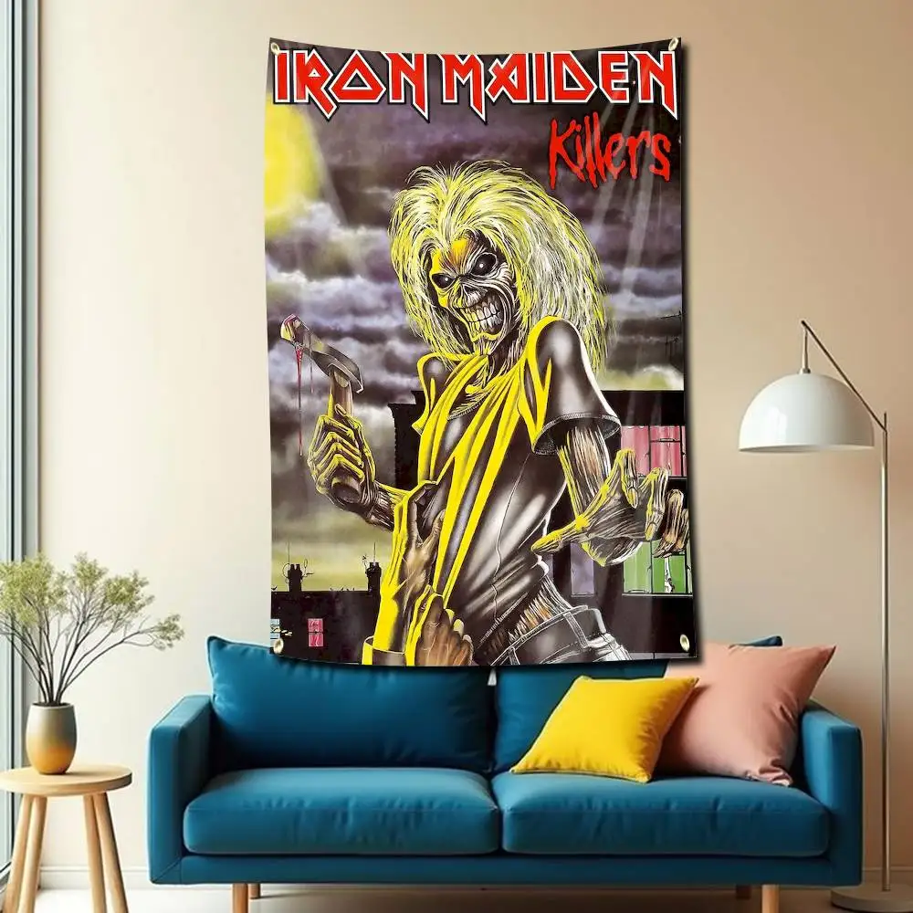 The Beast E-Eddie I-Iron M-Maiden Vlagtapijt Banner voor Slaapkamer Woonkamer Buiten Kamperen Op maat ondersteund