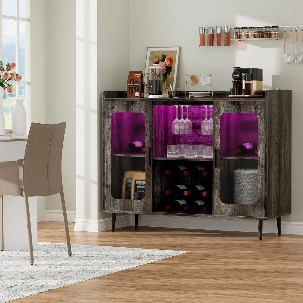 Liquor Cabinet Bar with Power Outlet & LED Light, Wine Bar Cabinet with Wine and Glasses Rack for Kitchen, Dining Room