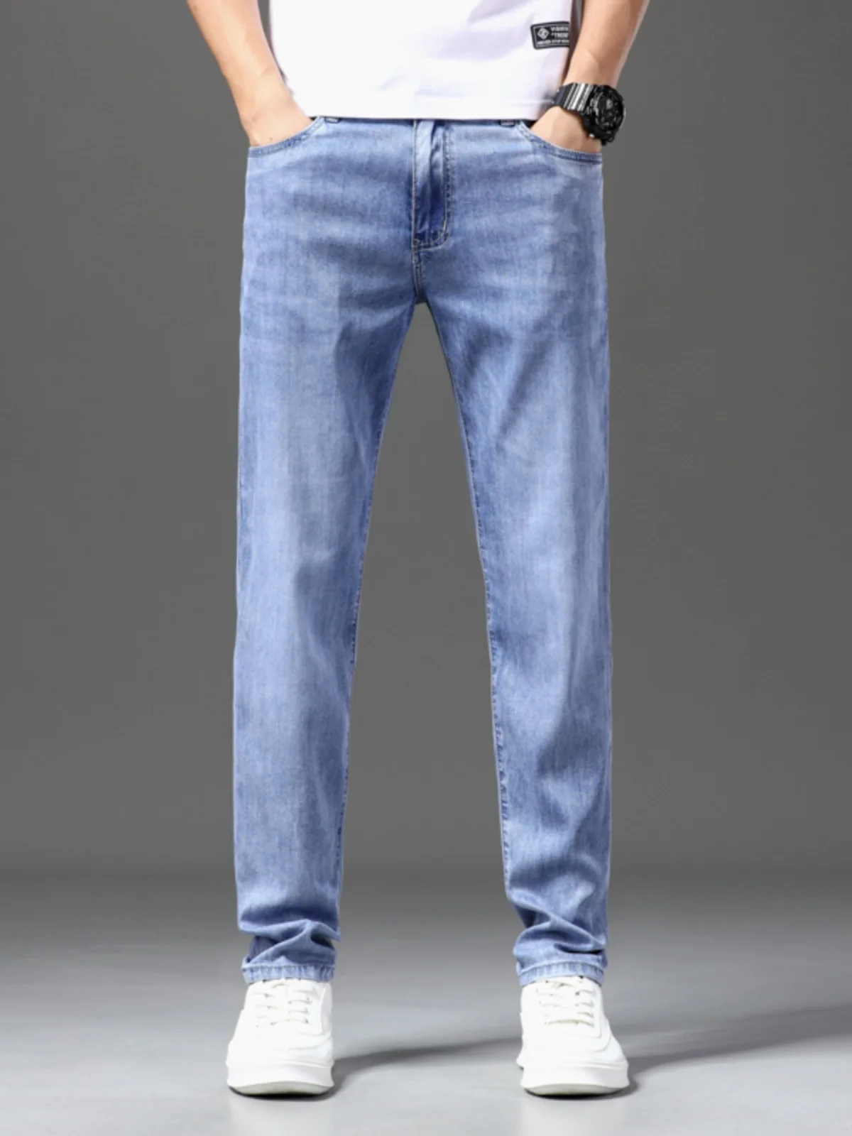 

Ultra-Thin Men's Jeans Summer Casual Straight Leg Elastic Wear-Resistant Versatile Slim Fit Lyocell Denim Shorts